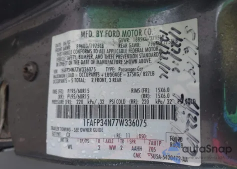 2007 Ford Focus S/Se/Ses z USA, uszkodzony, nr VIN 1FAFP34N77W336075